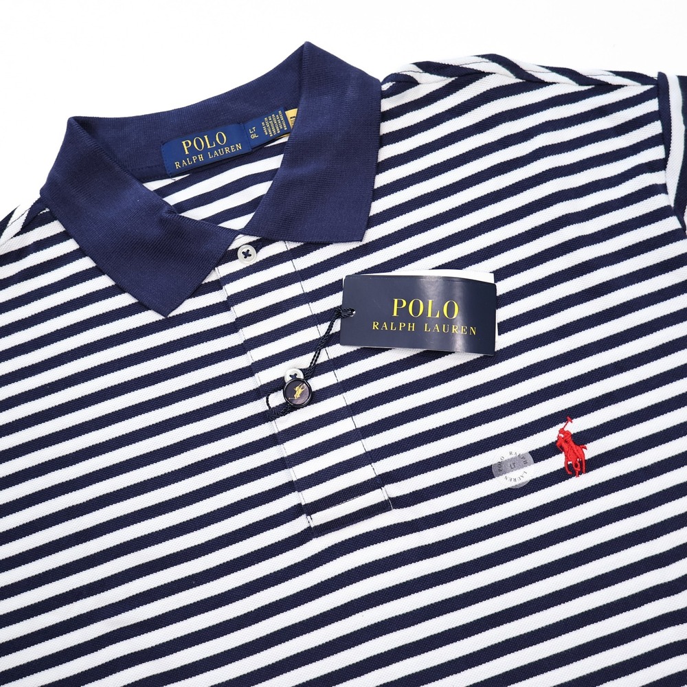 NWT POLO RALPH LAUREN Mens LT Large Tall Navy Blue White Striped Mesh Polo Shirt